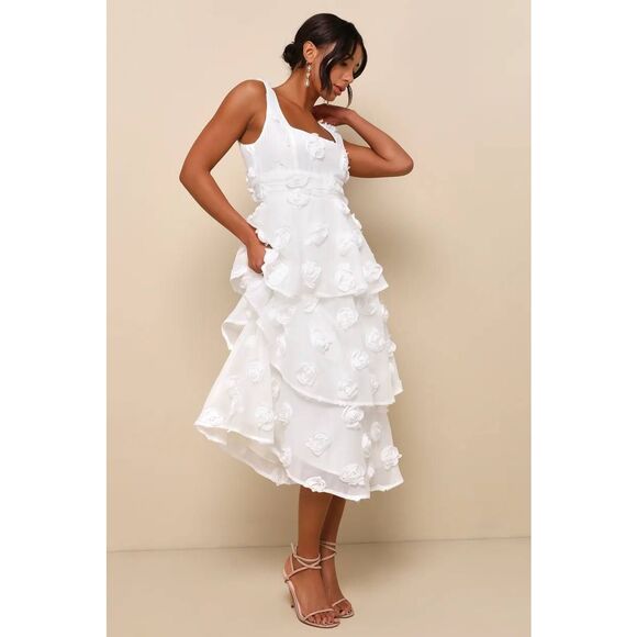 NWT Lulus Exceptional Entrance White Sleeveless Tiered Rosette Midi Dress Small - Picture 2 of 6